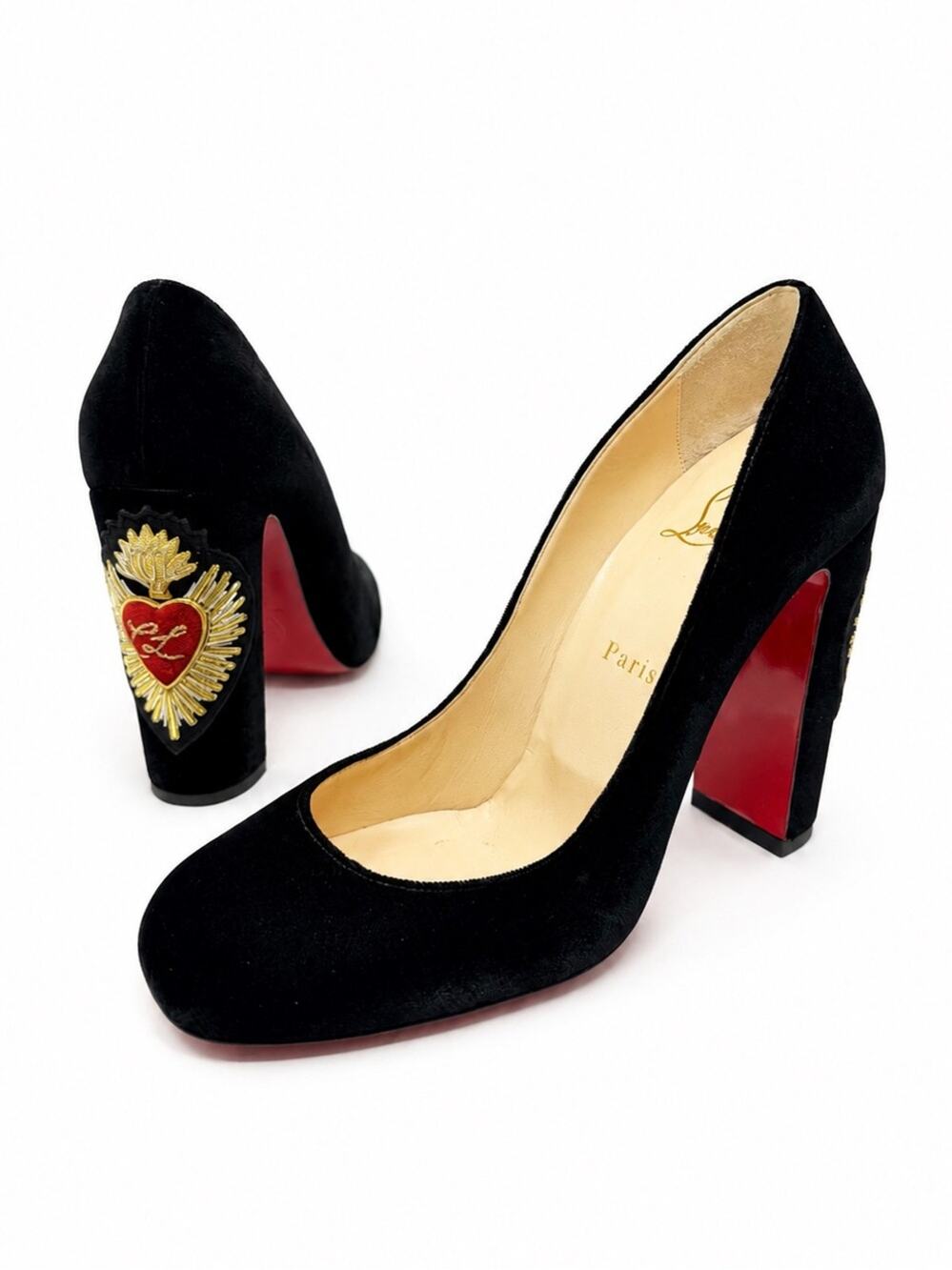 Christian Louboutin Cadrilla Corazon Velvet Block Heel Pumps Womens Size EU 39